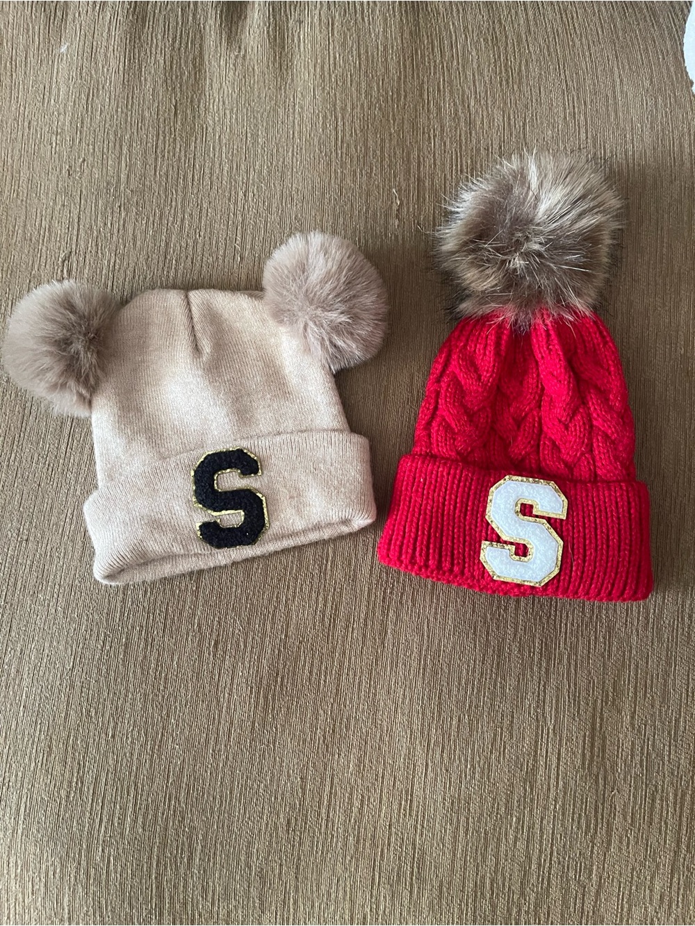 Beige and Red Pom-Pom Kids Beanies with 'S' Patch